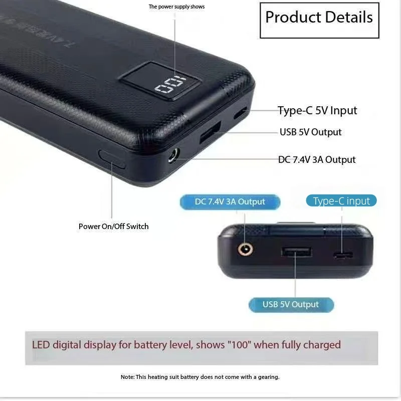 Heated Vest Battery - Yeni Büyük Kapasiteli 7.4V/3A/16000mAh/20000mAh Güç Bankası