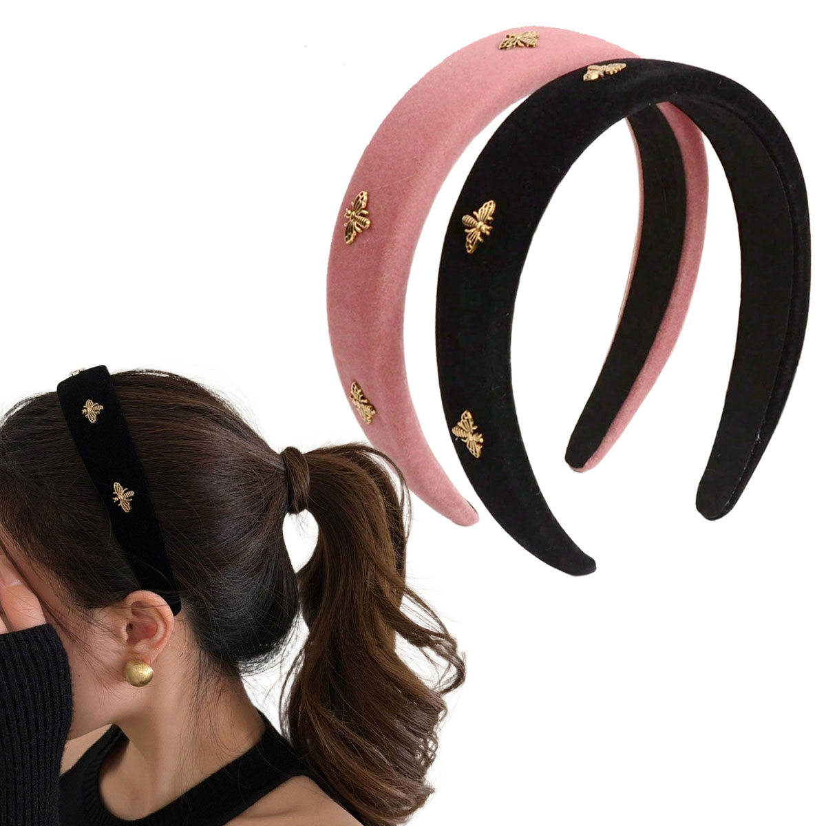 Winter Headband Fleece - Kadınlar için Little Bee Siyah Kadife